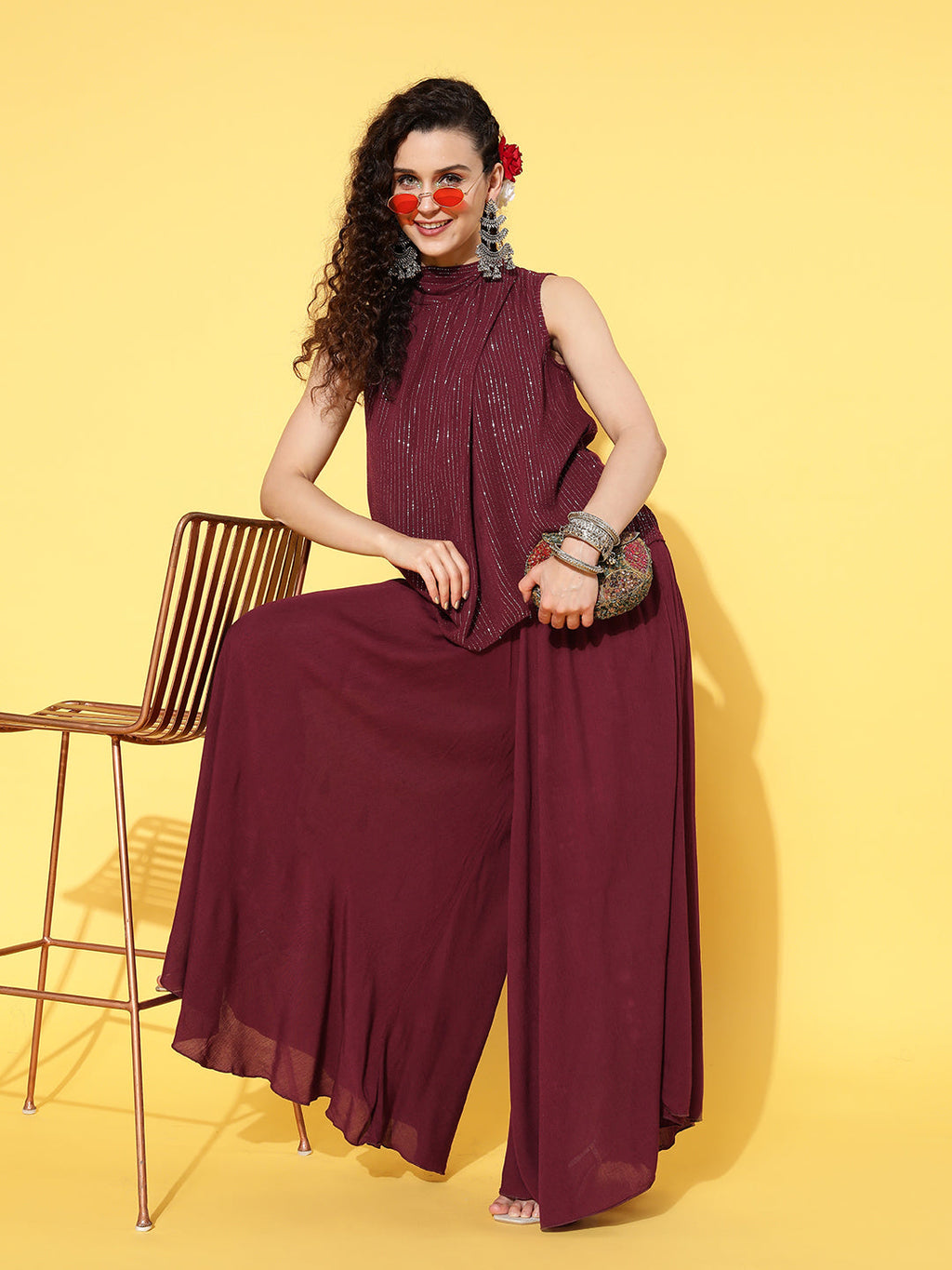 InWeave Women's Maroon Lurex Top With Flared Palazzo