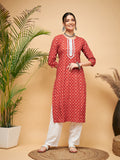 InWeave Women's Rust Small Floral Print Lace Straight Kurta Pant Set
