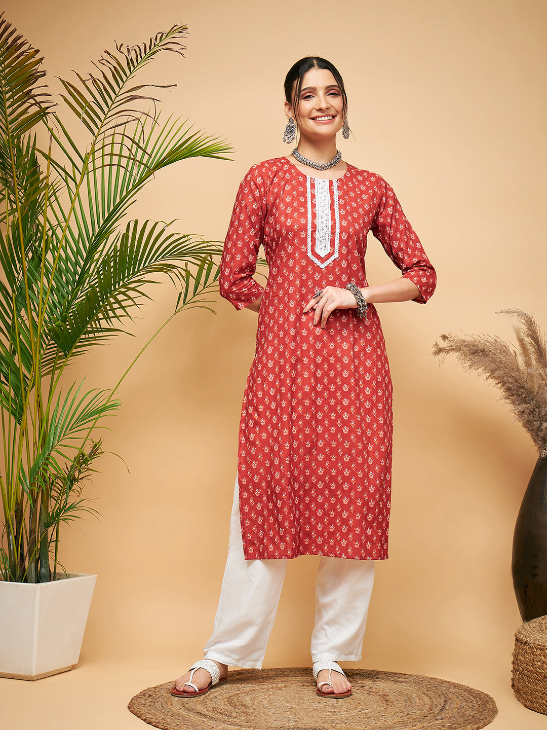 InWeave Women's Rust Small Floral Print Lace Straight Kurta Pant Set