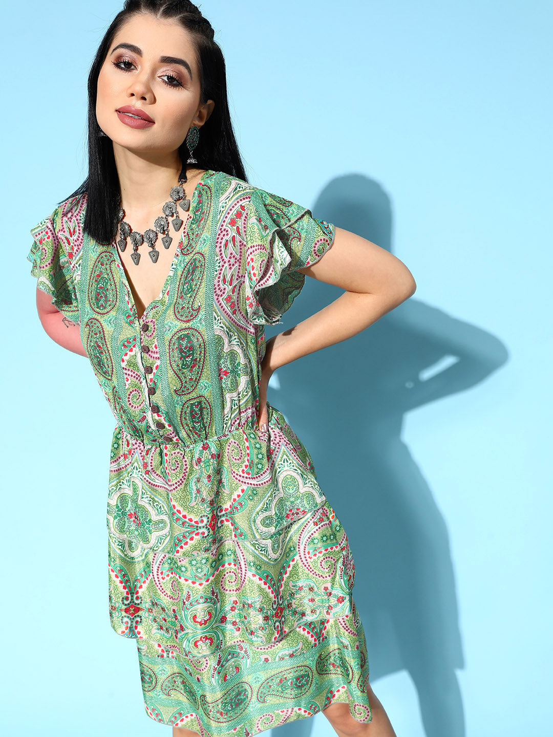 InWeave Women's Soft Green Tiered Short Dress