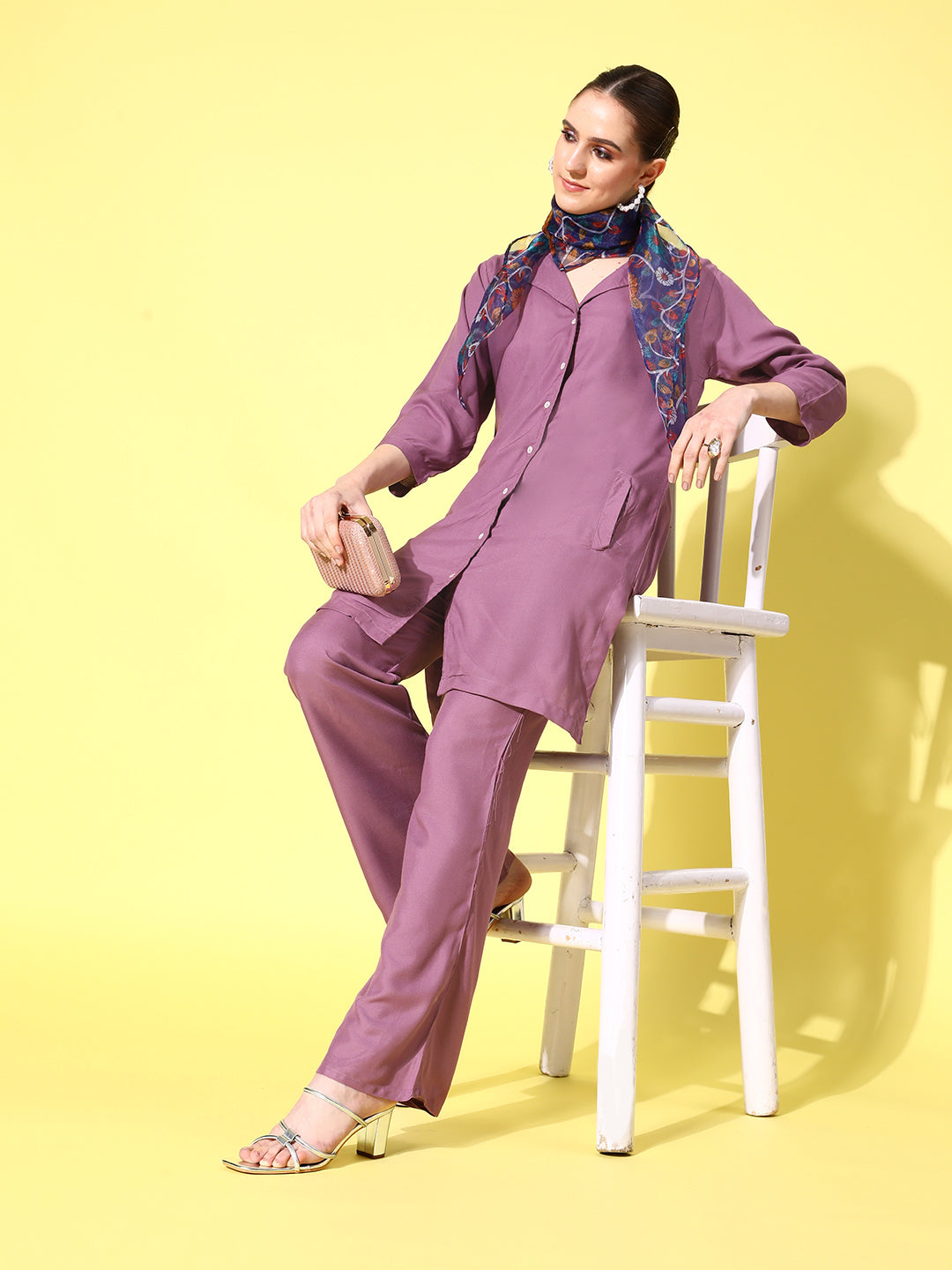 InWeave Women's Mauve Coord Set With Indigo Kalamkari Scarf