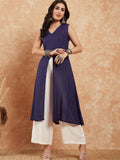 InWeave Royal Blue Lurex V-Neck W/S Front Slit Kurta Pant Set
