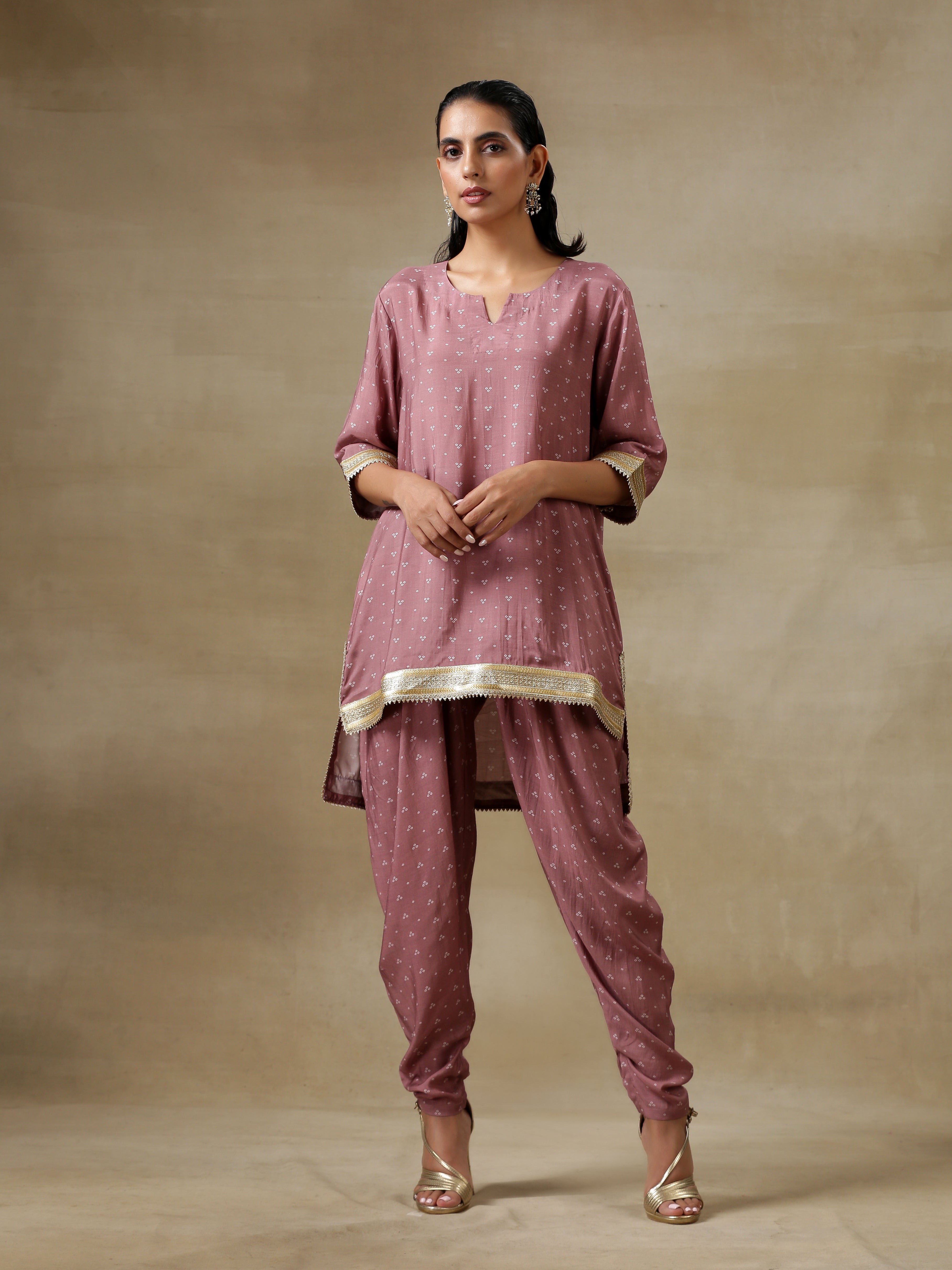 trueBrowns Dark Mauve Bandhani Printed Silk Loose Kurta Dhoti Pant Set