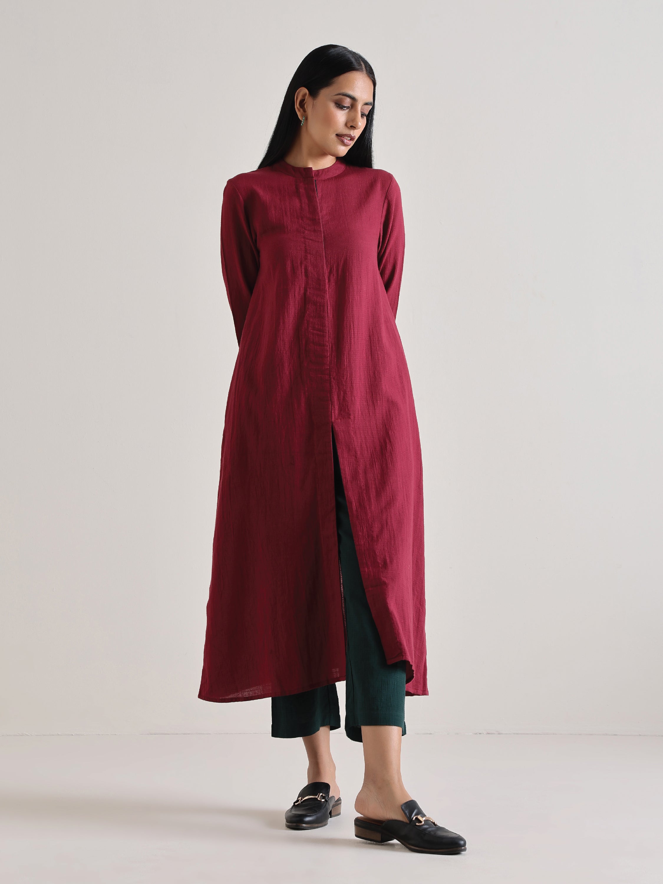 trueBrowns Maroon Placket Kurta Pant Set