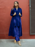 trueBrowns Blue Solid Velvet Overlay Jacket