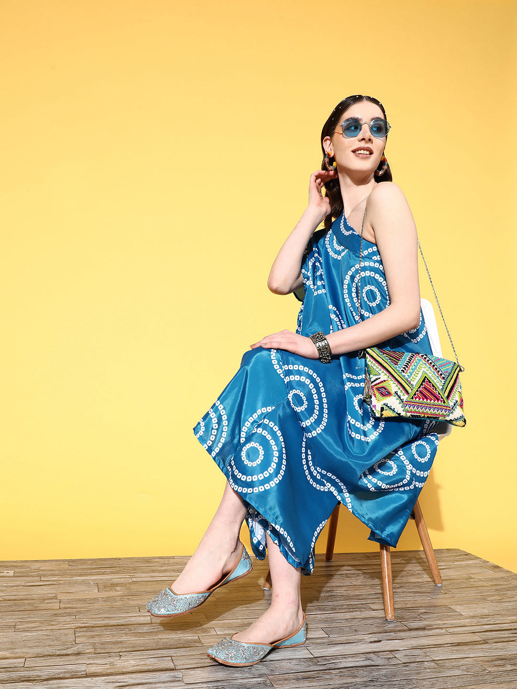 InWeave Women's Blue Bandhani Motif One Shoulder Palazzo Set