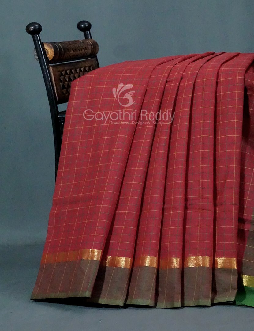 Maroon With Checks Pure Mangalgiri Cotton Saree By Gayathri Reddy Designer Studio
