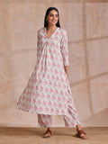 trueBrowns Pink Green Buta On White Block Print Cotton Slit Kurta Pant Set