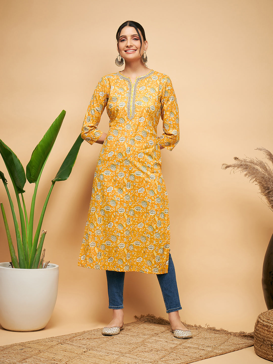 InWeave Women's Yellow Foil Print Gota Straight Kurta