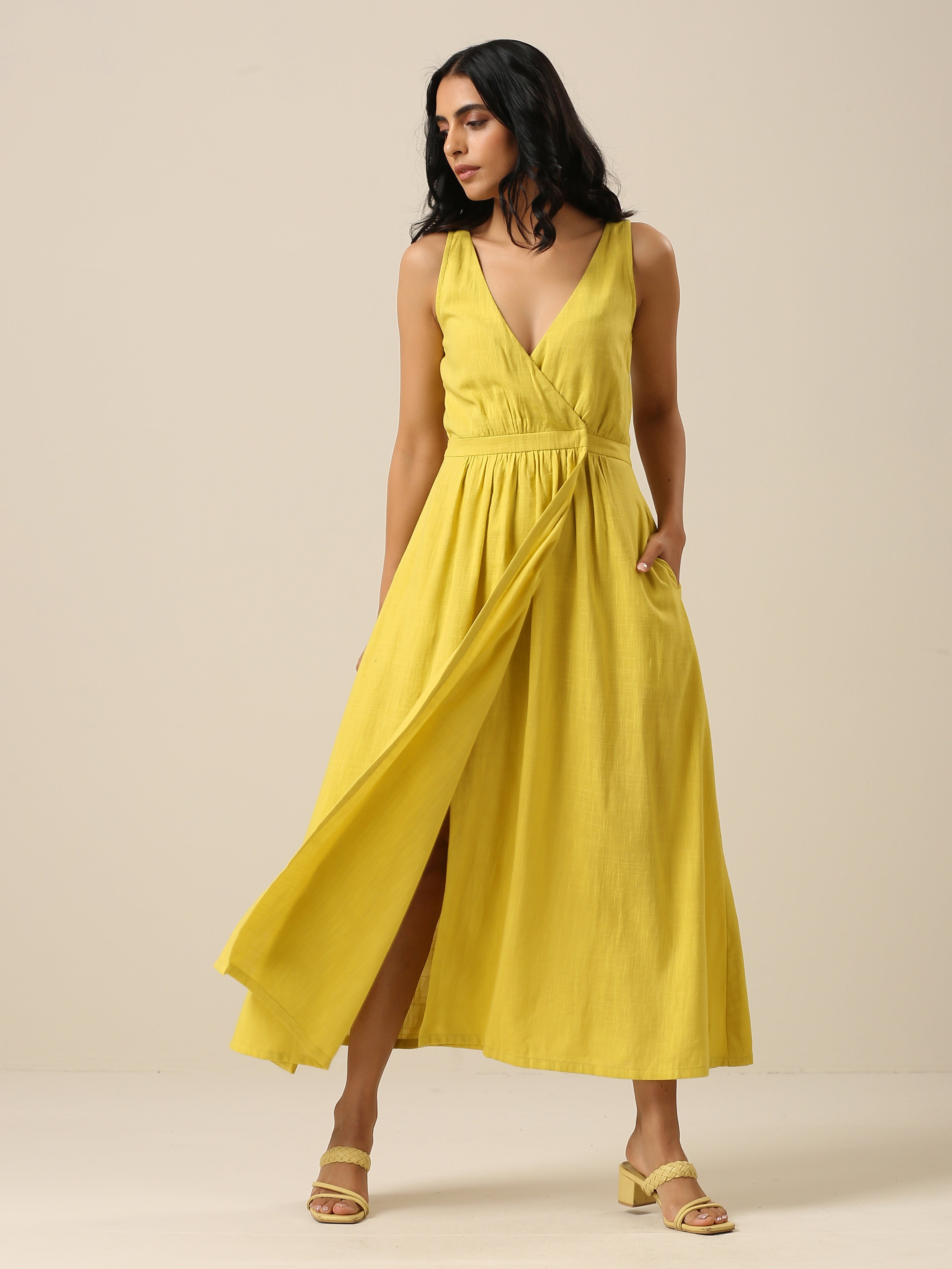trueBrowns Lime Slub Texture Sleeveless Wrap Dress