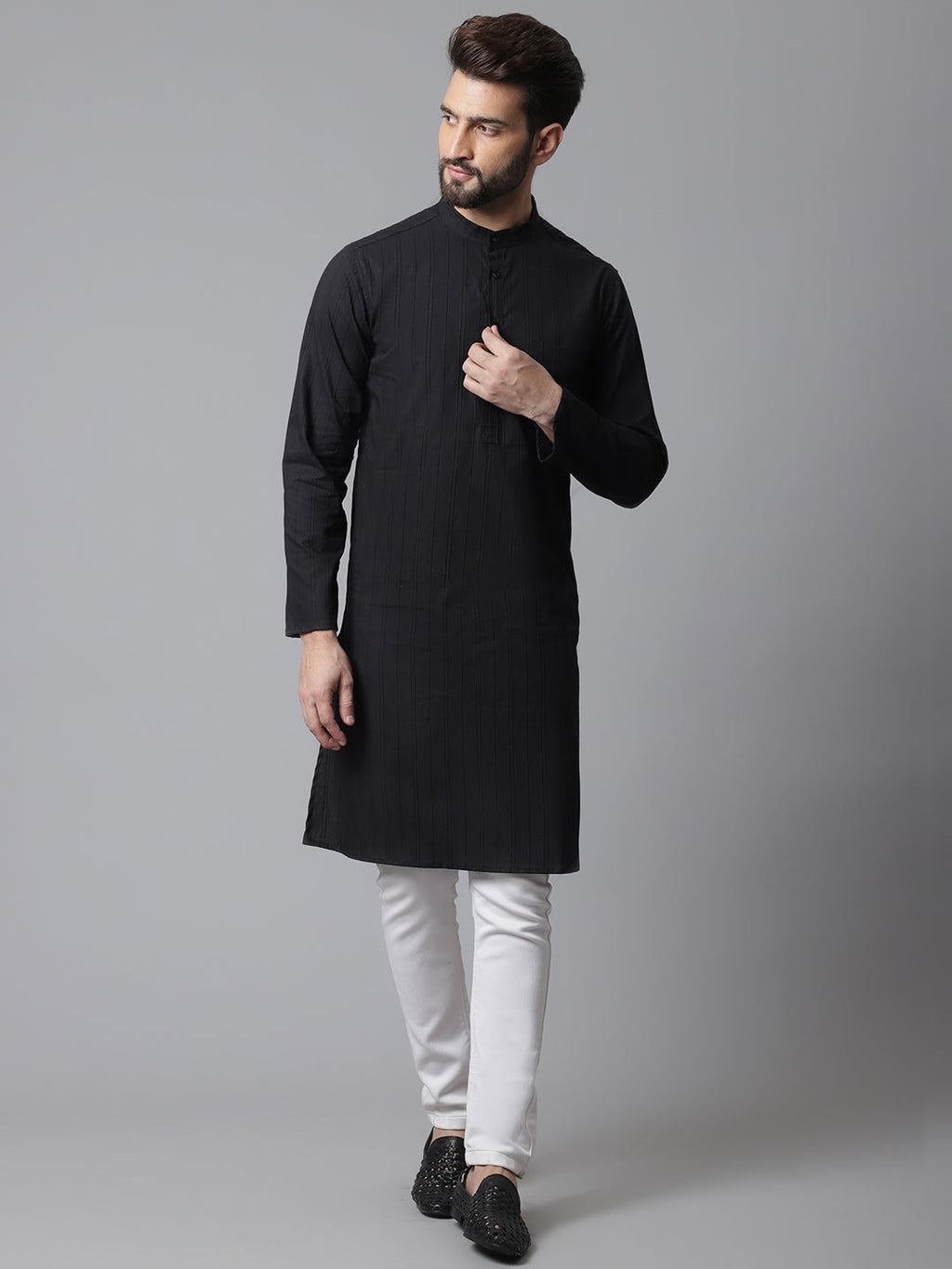 Even Apparels Black Striped Kurta With Band Collar