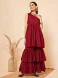 InWeave Women's Carmine Maroon Lace Work Double Layer Sharara Set