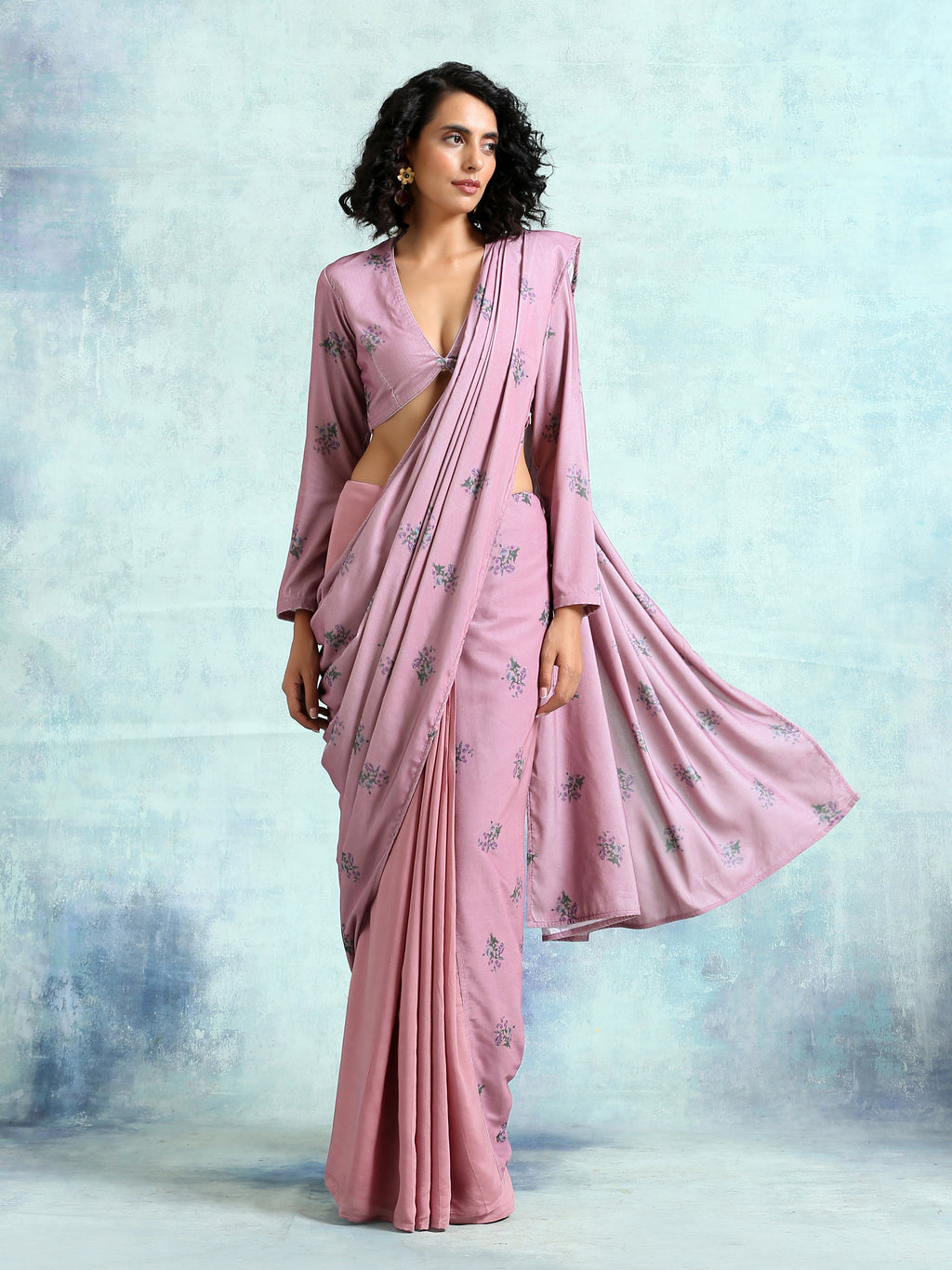 trueBrowns Light Mauve Printed Velvet Ready to Wear Saree