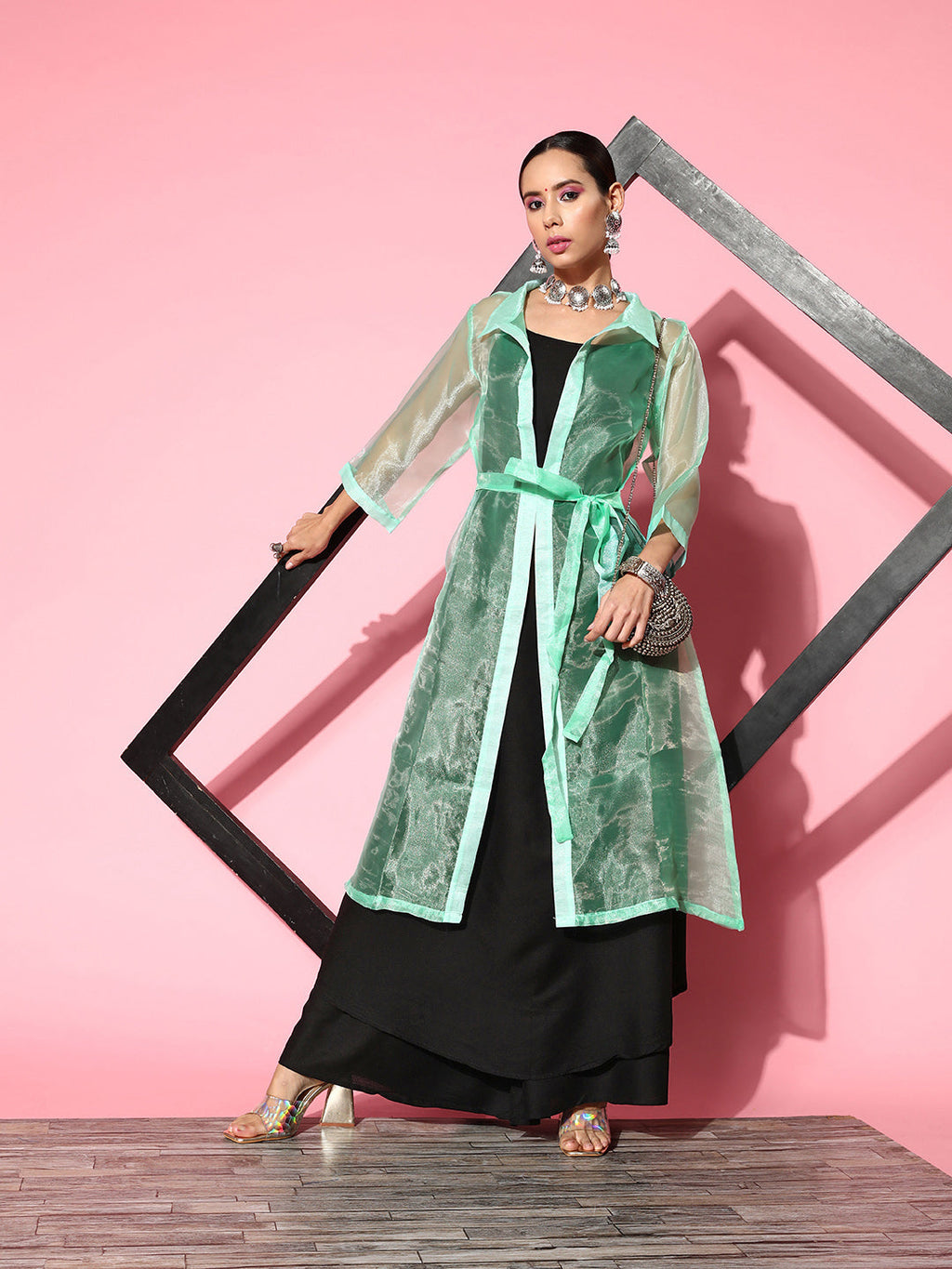 InWeave Women's Black Strappy Kurta Set With Teal Organza Cape