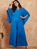 InWeave Women's Ink Blue Solid Collar Neck Boho Top Bottom Set