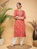 InWeave Women's Rust Paisley Print Gota Straight Kurta
