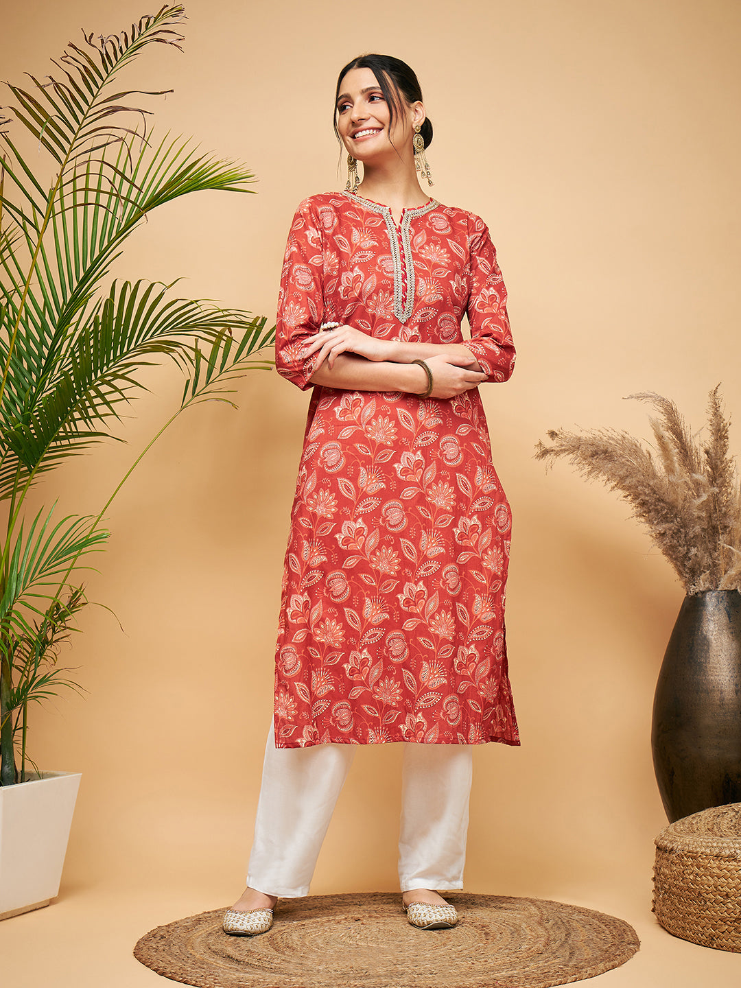 InWeave Women's Rust Paisley Print Gota Straight Kurta