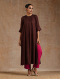 trueBrowns Cola Brown Modal Satin Neck Pleat Kurta Set