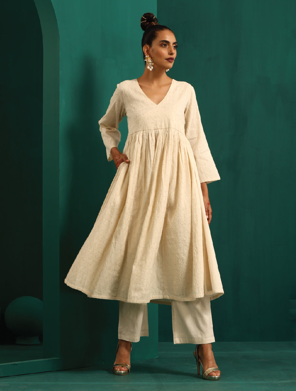 trueBrowns Ivory Tonal Cotton Anarkali Kurta Pant Set