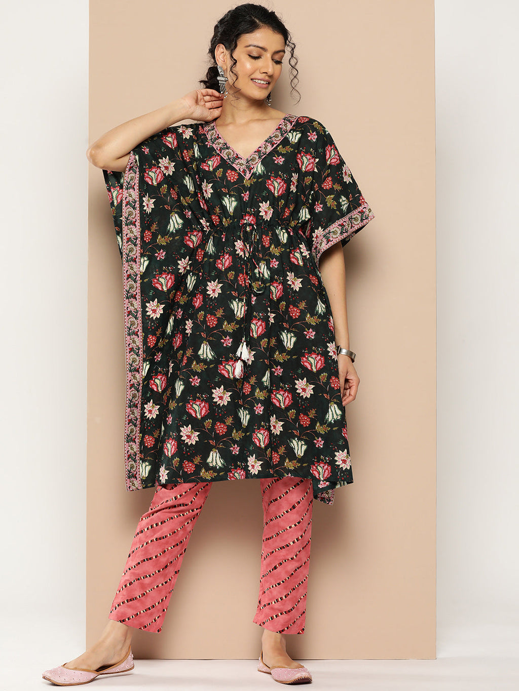 KSUT (House of Varanga) Green And Peach Floral Print Kaftan Trouser Set.