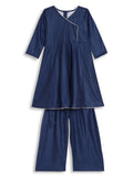 Ahalyaa Girls Navy Blue Velvet Angrakha Gotta Patti Kids Kurta with Palazzos