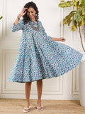 InWeave Aqua Blue Floral Grey Jaal Collar Flared Dress