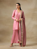 trueBrowns Light Mauve Bandhani Printed Silk Flared Kurta Pant Dupatta Set