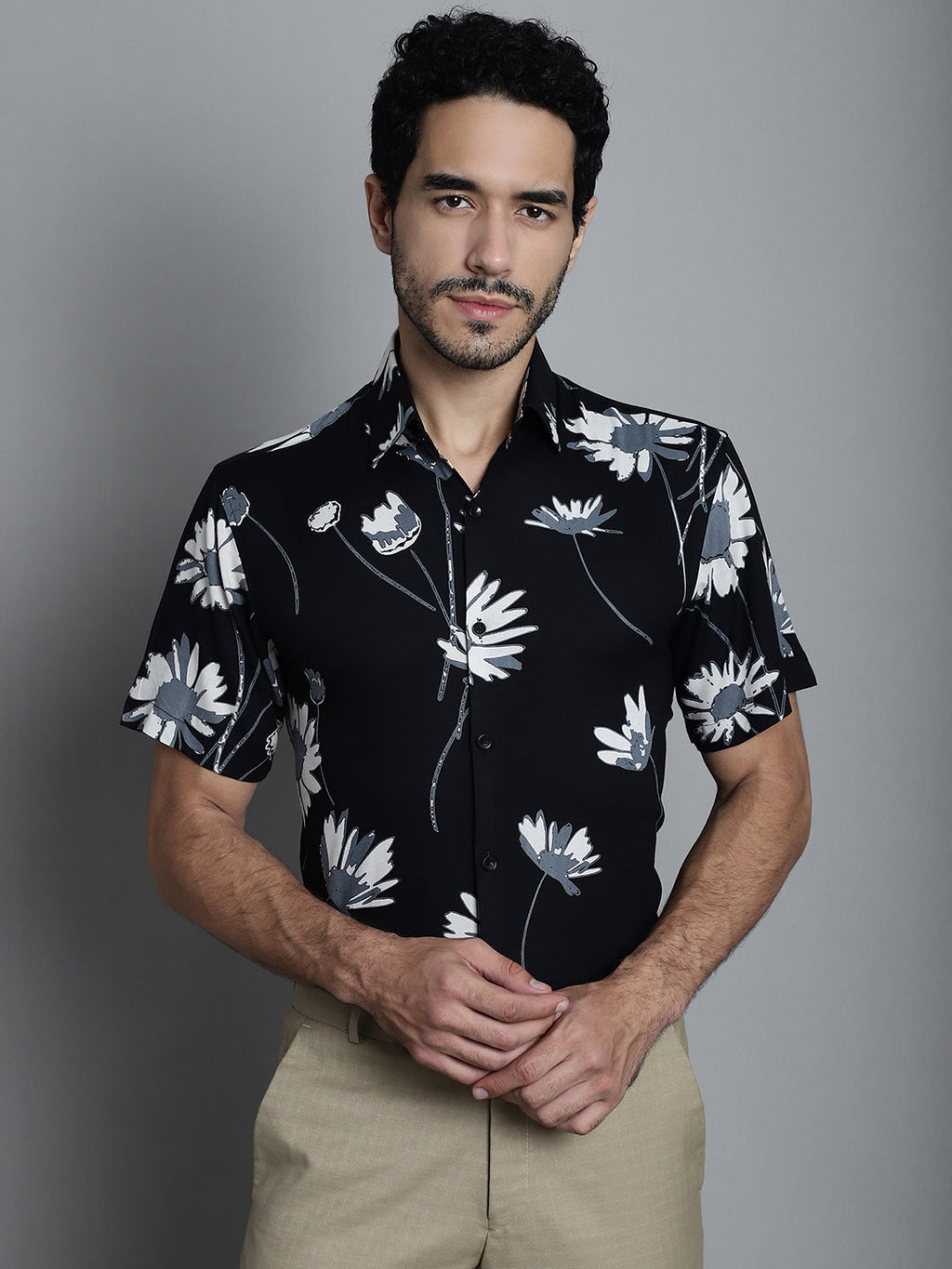 Jainish Men's Floral Printed Formal Shirts - Black