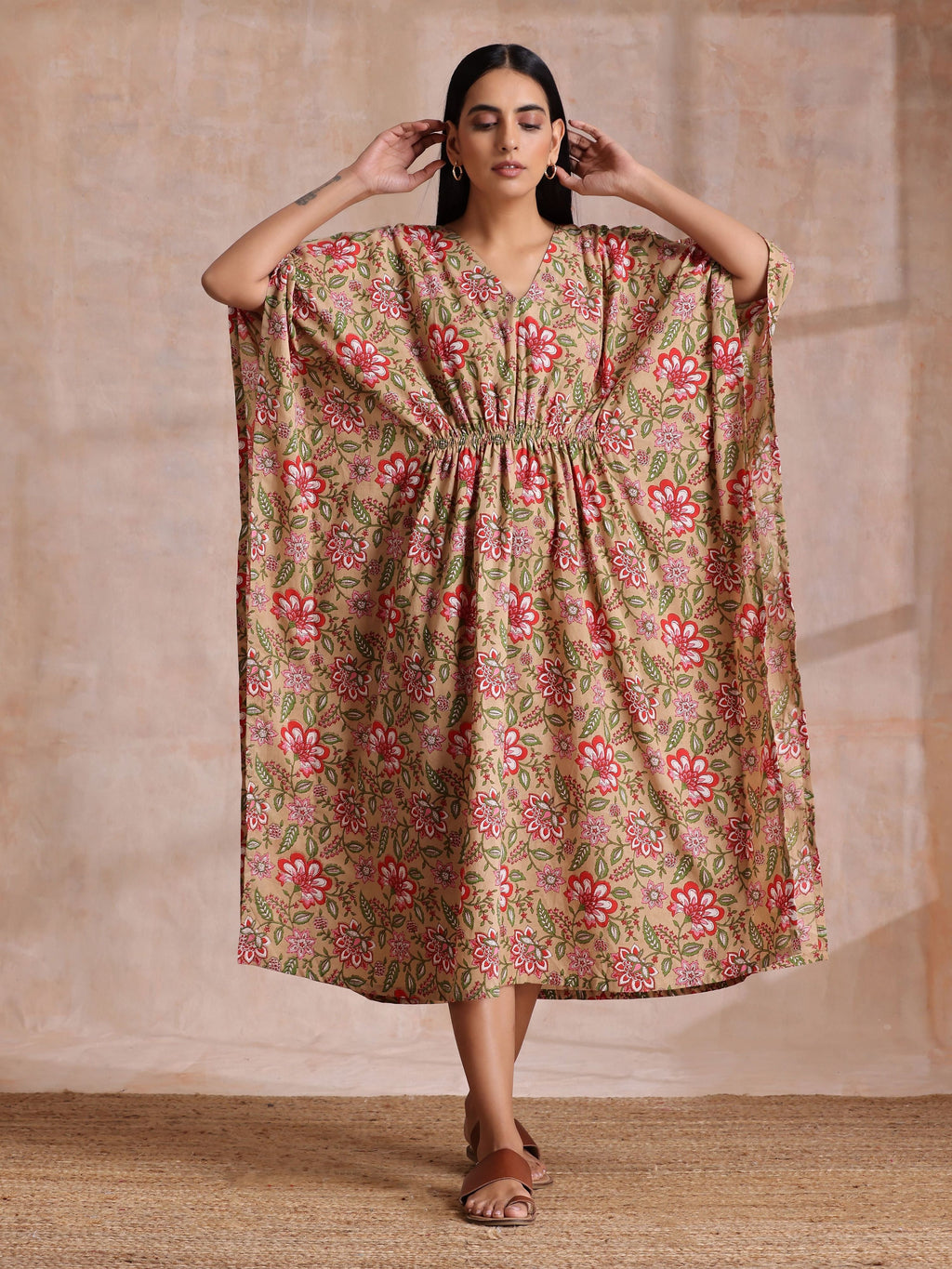 trueBrowns Beige Overall Big Floral Block Print Cotton Kaftan Dress