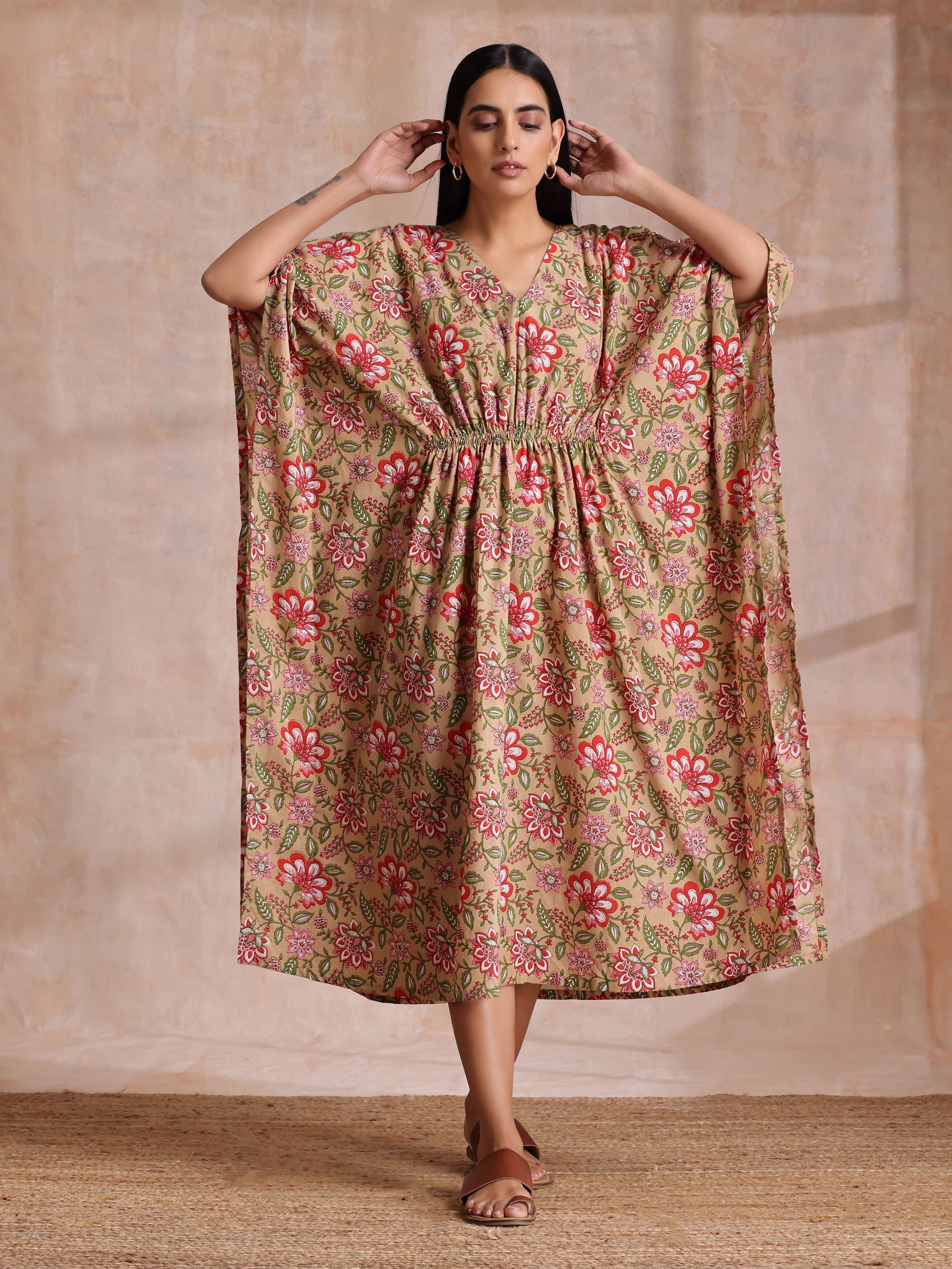 trueBrowns Beige Overall Big Floral Block Print Cotton Kaftan Dress