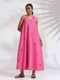 trueBrowns Pink Cotton Embroidered Flared Dress