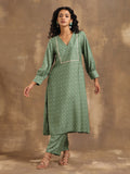 trueBrowns Light Green Bandhani Printed Silk Kurta Pant Set