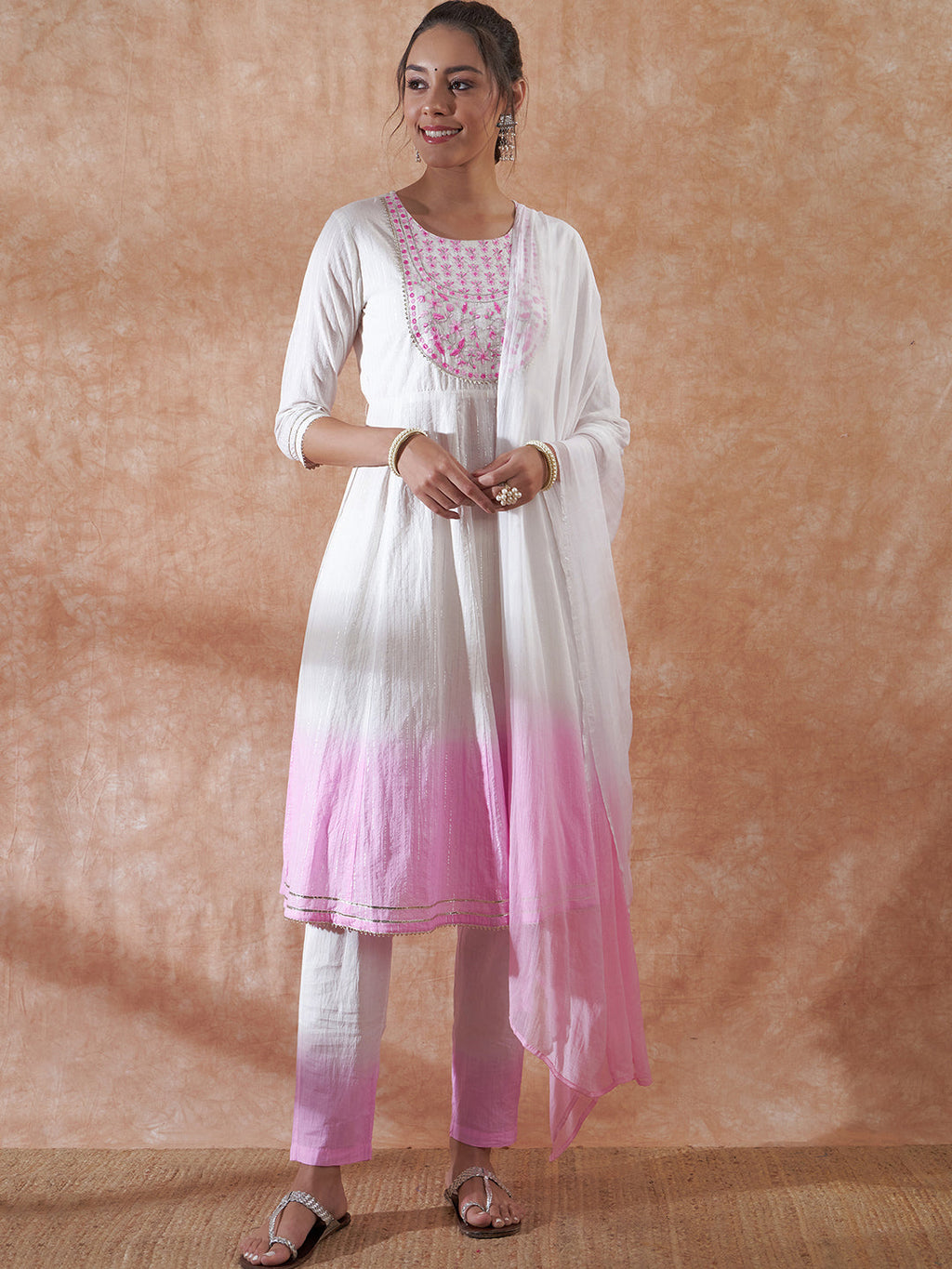 InWeave Women's White Lurex Pink Dye Patch Gota Anarkali Kurta Set W Dupatta