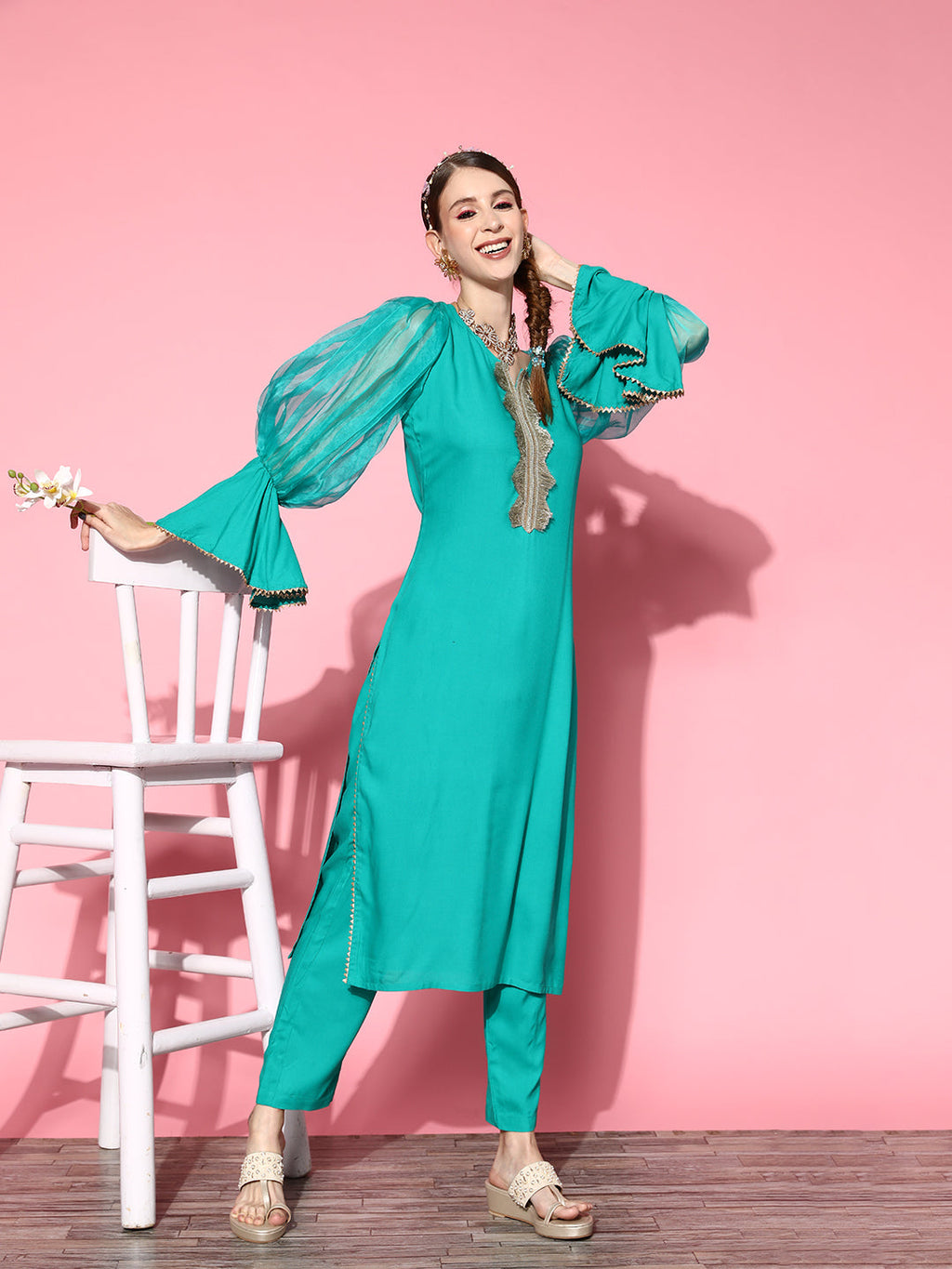 InWeave Women's Aqua Organza Sleeve Gota Work Kurta Set