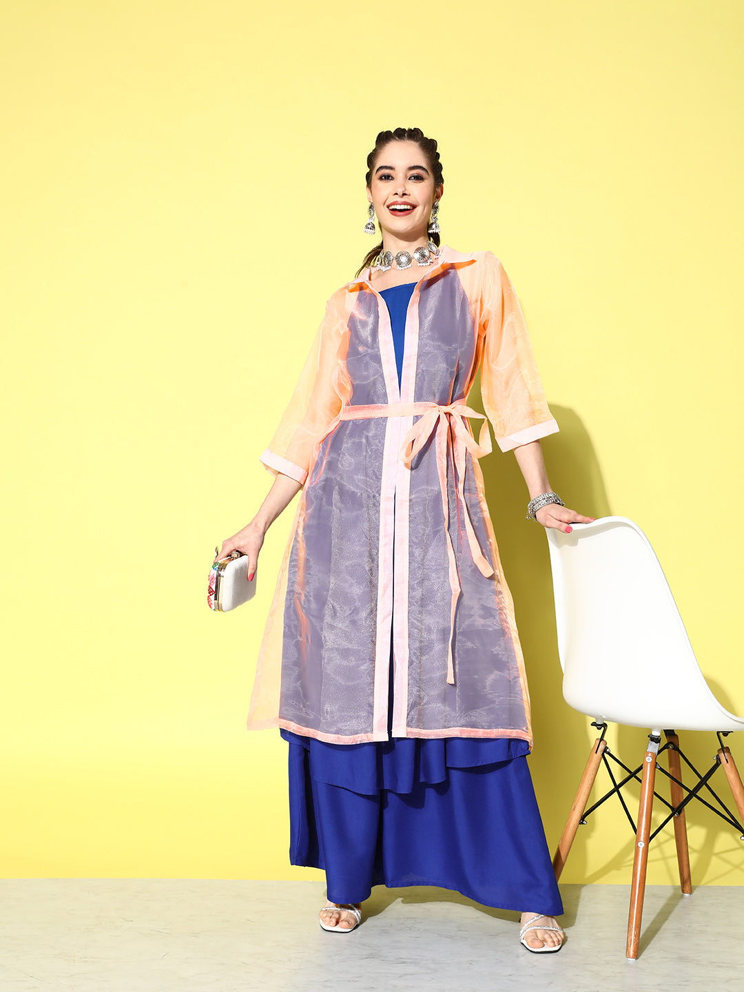 InWeave Women's Ink Blue Strappy Kurta Set With Peach Organza Cape