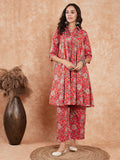 InWeave Women's Red Yellow Floral Print Flared Kurta Pant Set