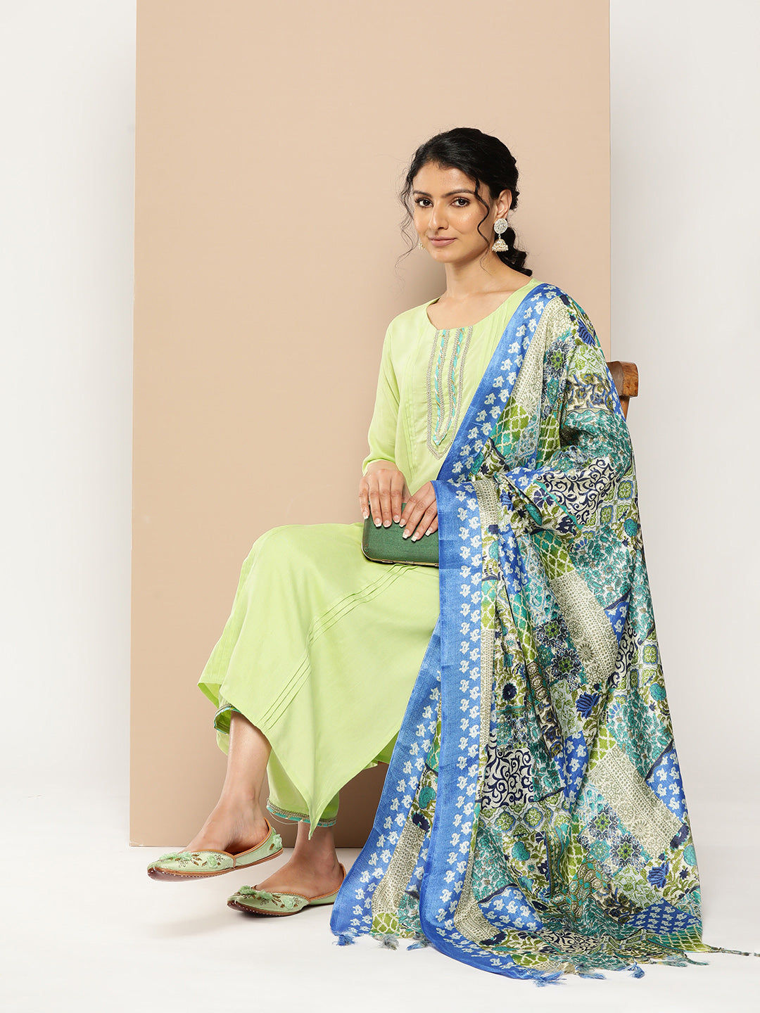 KSUT (House of Varanga) Green Kurta With Lace Embellishment Paired With Straight Pant And Dupatta