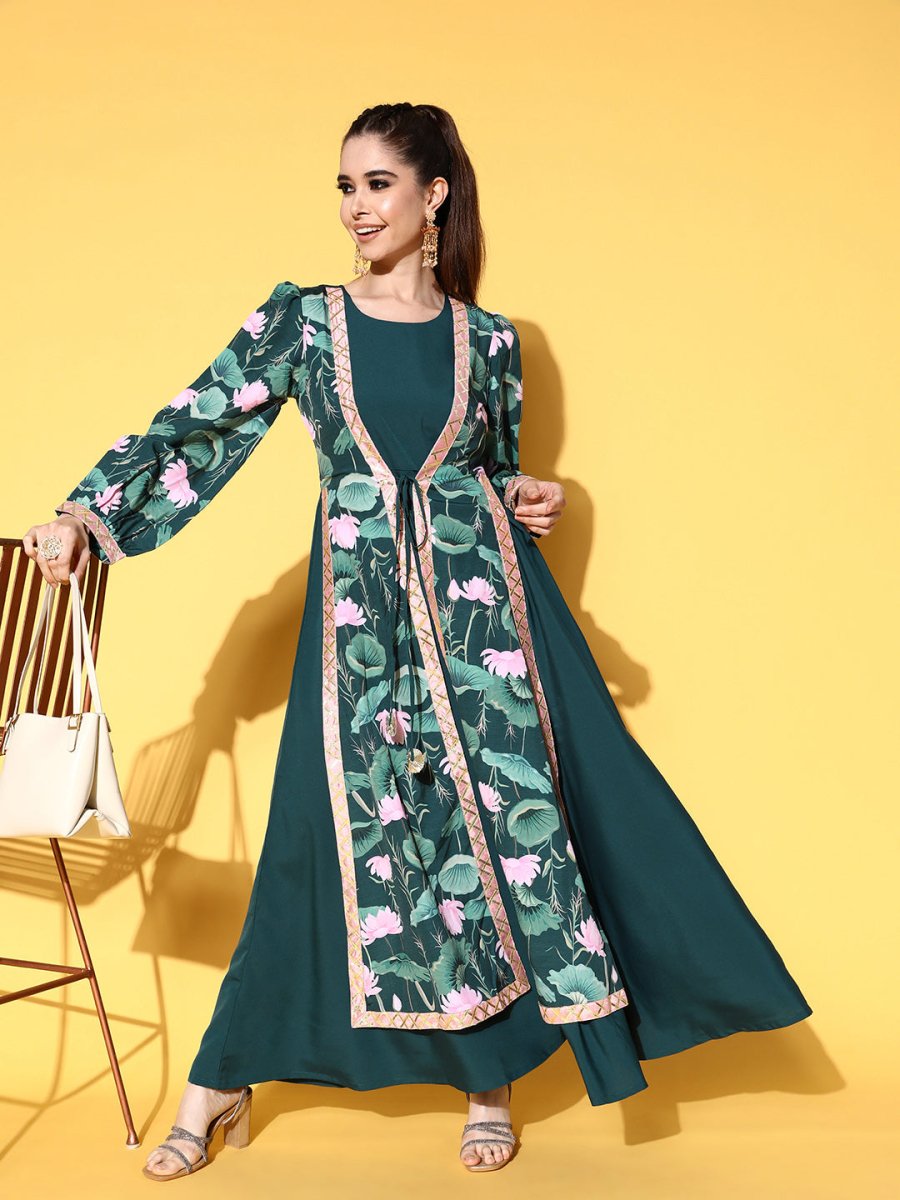 Ahalyaa Green Crepe Puff Sleeves Floral Printed Maxi Ethnic Dress with Waist Tie-Ups
