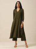 trueBrowns Olive Green Slub Texture Kurta Pant Set