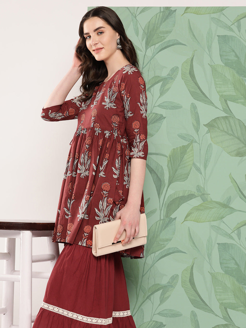 InWeave Women's Brick Rust Boota Sharara Set