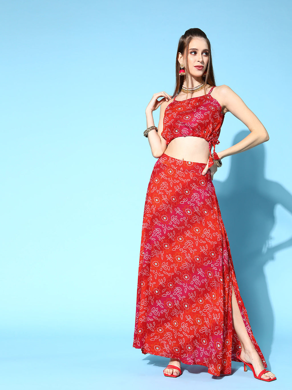 InWeave Women's Red Bandhej Crop Top With Skirt Set