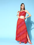 InWeave Women's Red Bandhej Crop Top With Skirt Set