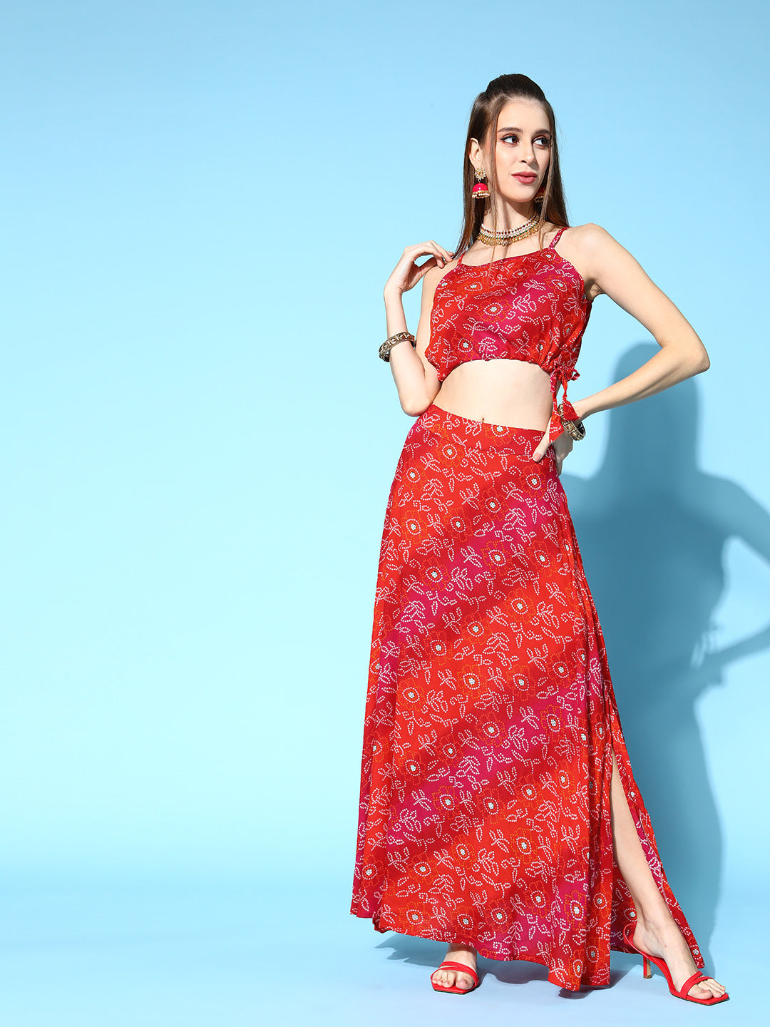 InWeave Women's Red Bandhej Crop Top With Skirt Set