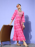 InWeave Women's Abstract Pink Print Long Dress With Work