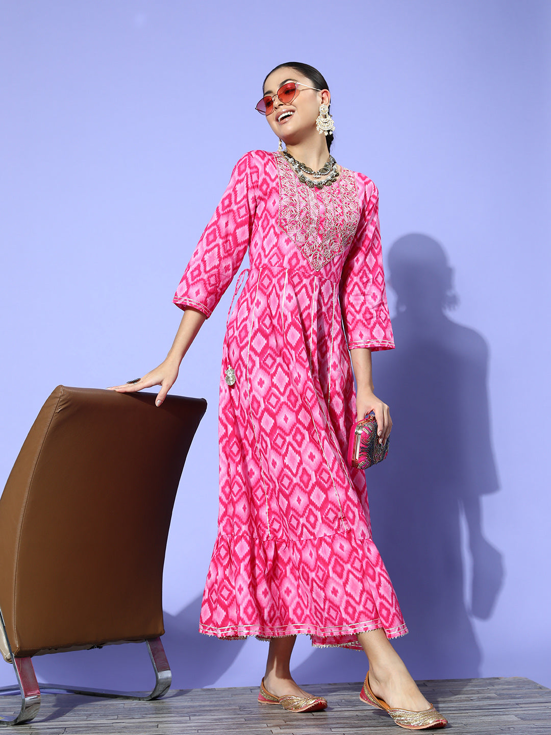 InWeave Women's Abstract Pink Print Long Dress With Work
