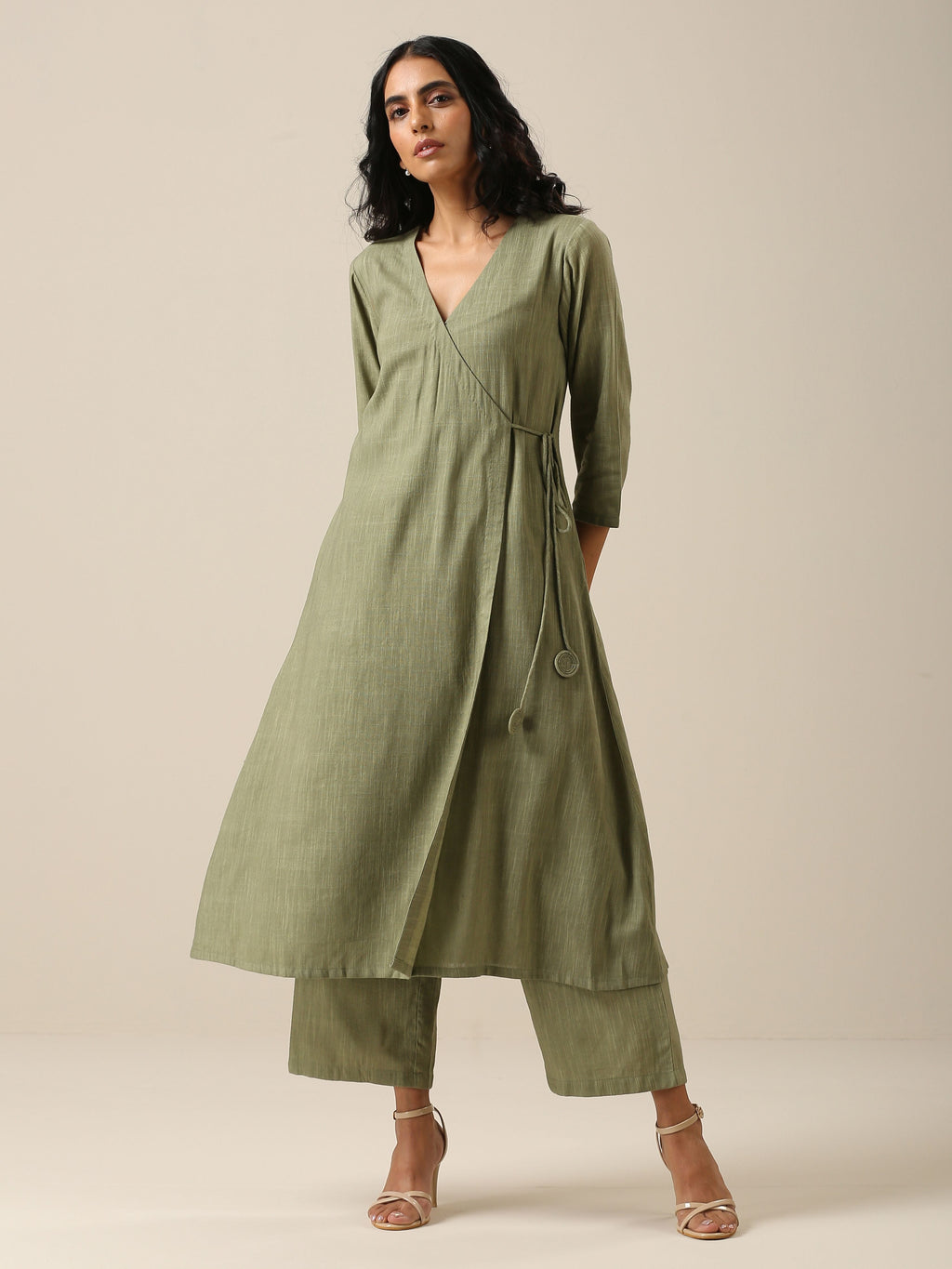 trueBrowns Sage Slub Texture Angrakha Pant Set