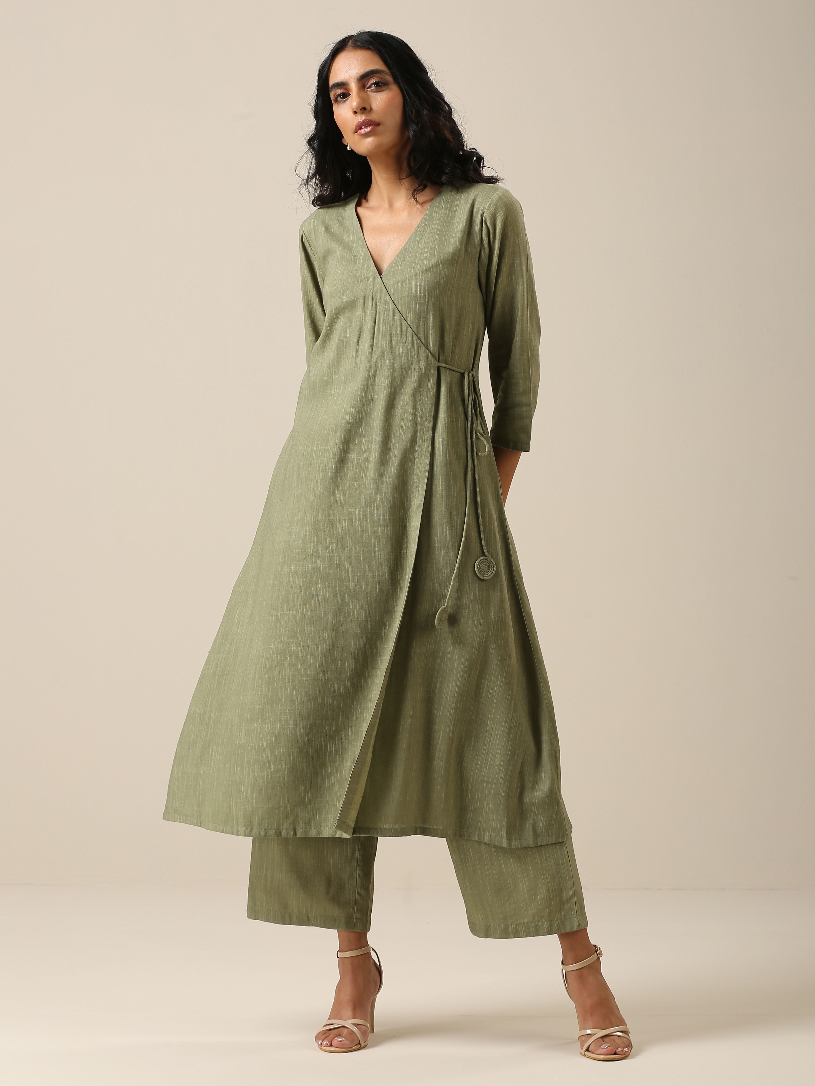 trueBrowns Sage Slub Texture Angrakha Pant Set