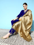 InWeave Women's Blue Velvet Kurta Set With Beige Brocade Dupatta