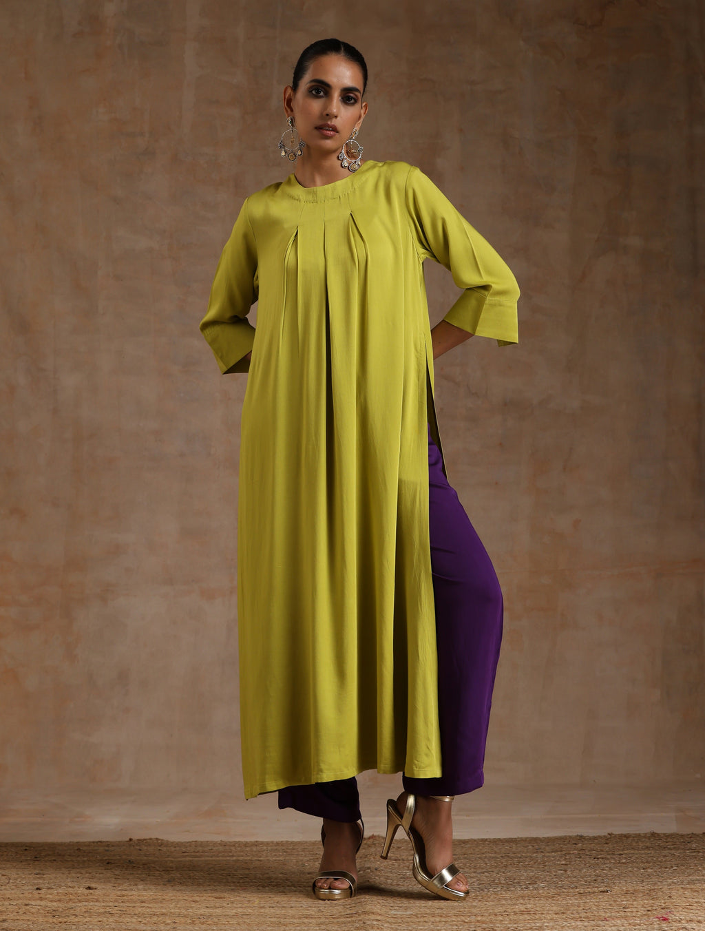 trueBrowns Lime Modal Satin Neck Pleat Kurta Set
