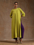 trueBrowns Lime Modal Satin Neck Pleat Kurta Set